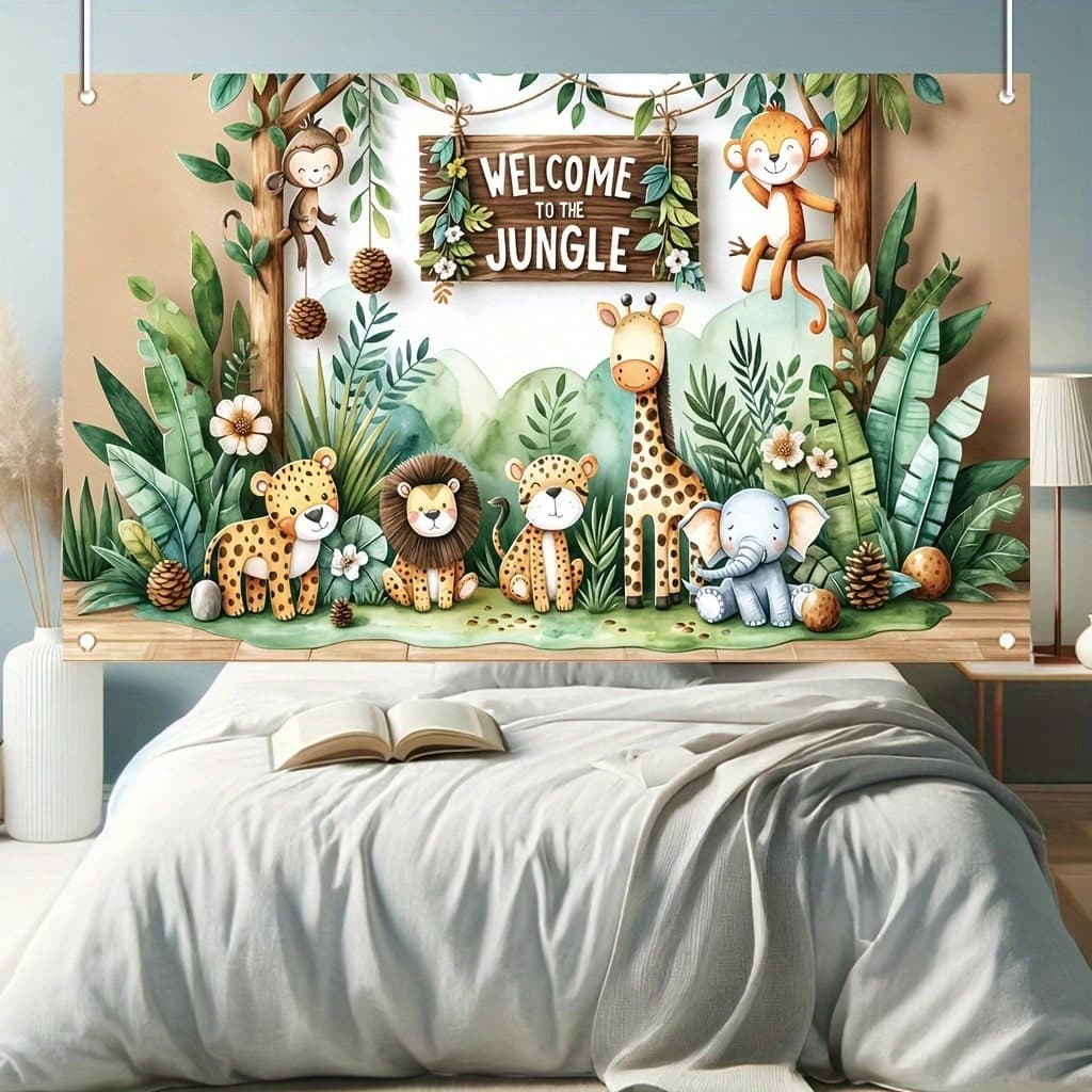 1 pièce Toile de fond 'Bienvenue dans la jungle', tissu de fond, décoration traditionnelle de fête, fond patrimonial festif, bannière de culture